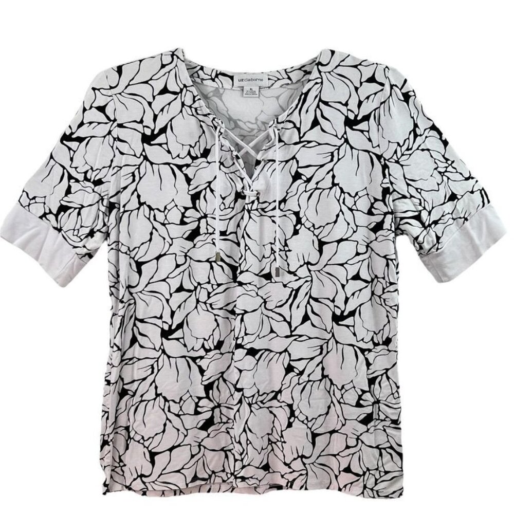 Liz Claiborne Floral Top XL Floral Black White Lace Front Tie Short Sleeve Rayon